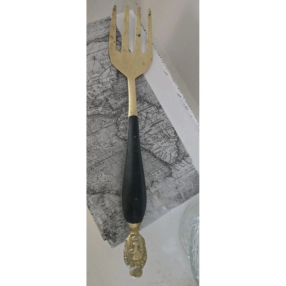 Antique Asian Woman - Brass & Teak Wood‎ Service Spoon & Fork - SZ L 12